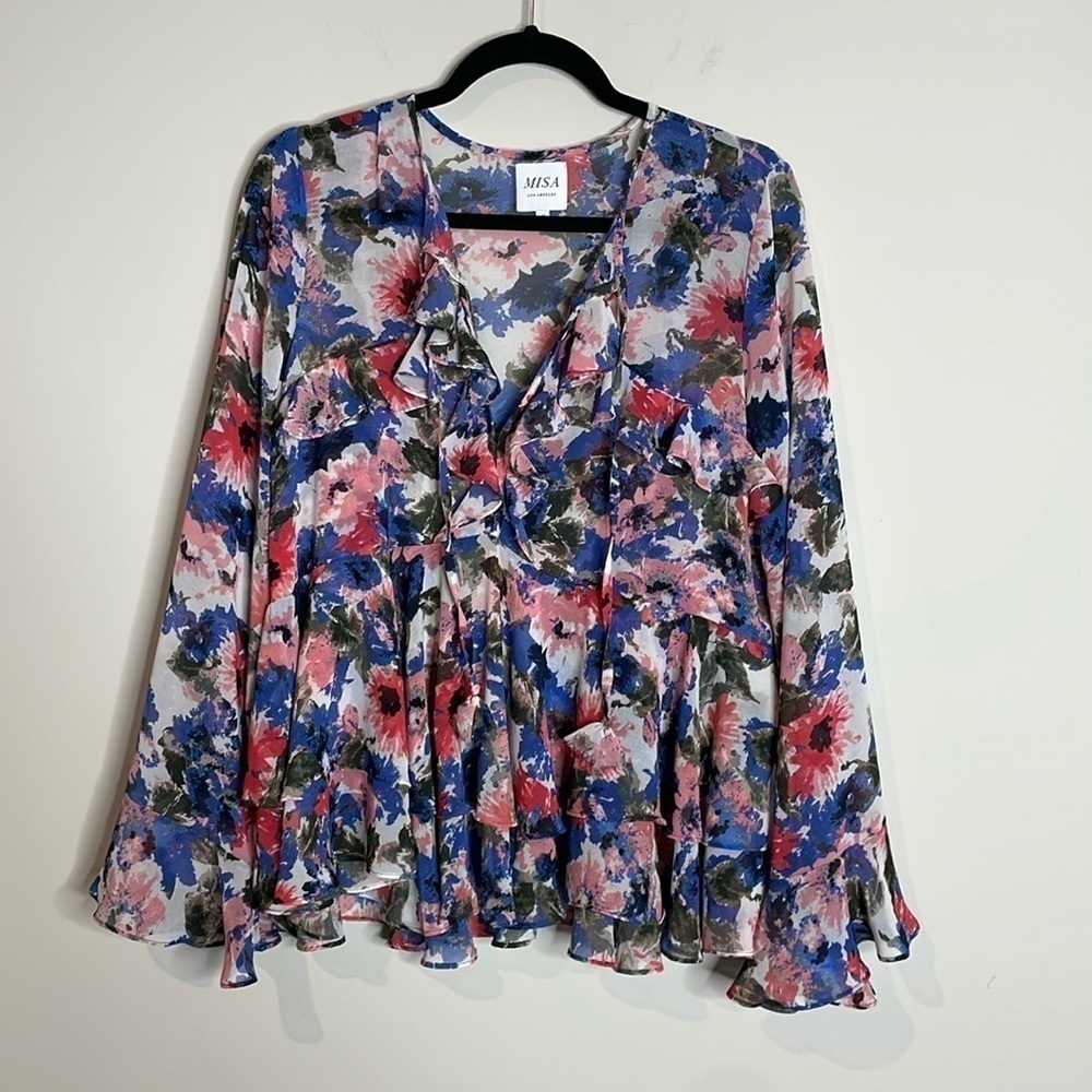 MISA | Damaris Top in Tie-Dye Floral Size Small Sheer Bell Cuff Sleeves Size S - Picture 2 of 8